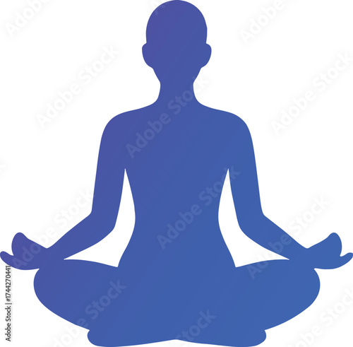 A minimalist gradient silhouette of a person meditating in a lotus pose, rendered in calming blue and purple tones on a black background.