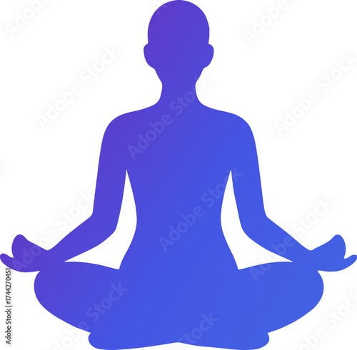 A minimalist gradient silhouette of a person meditating in a lotus pose, rendered in calming blue and purple tones on a black background.