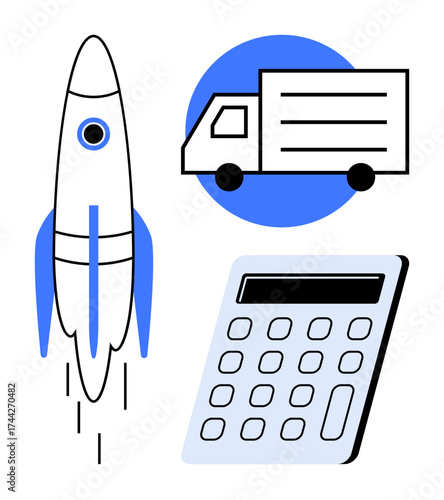 Rocket blasting off, delivery truck, and calculator emphasize technology, transportation, and finance. Ideal for innovation, logistics, planning, strategy growth entrepreneurship simple flat