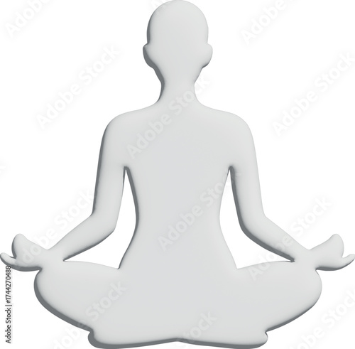A smooth white 3D figure of a person sitting in a lotus pose, symbolizing meditation, balance, and inner peace against a minimalist background.
