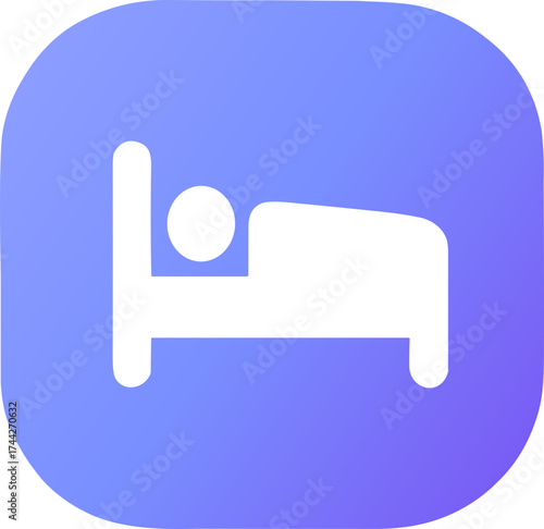 A minimalist white bed icon on a soft blue-to-purple gradient background symbolizes rest, relaxation, and quality sleep in a calm, modern design.