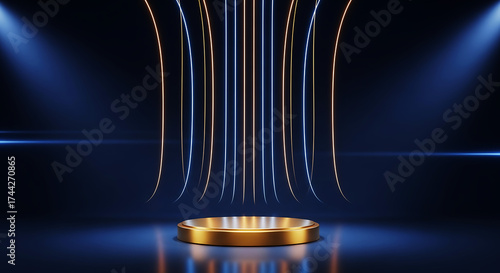 Golden podium illuminated by dramatic blue spotlights and falling metallic strands creating an abstract futuristic stage
