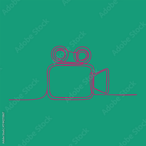Minimalist continuous line drawing of a vintage film camera on a solid teal