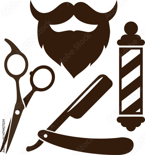 simple and elegant logo for a barber.
It includes iconic elements: a pair of scissors, a straight razor, a stylized beard and the traditional barber’s pole.
