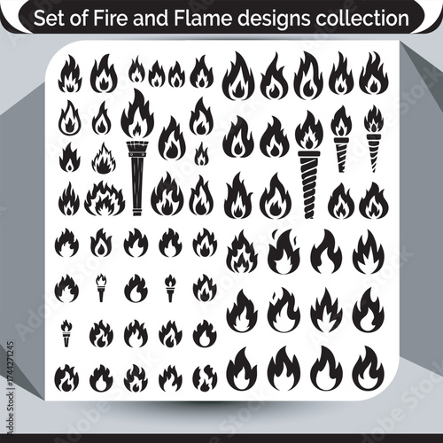 Collection of various fire and flame icons and symbols for design projects