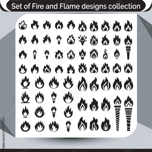 Collection of fire flame symbols and icons in black silhouette design for graphic use