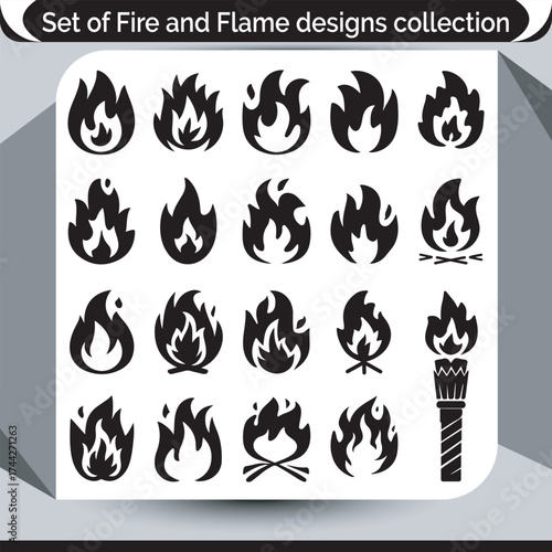 Collection of various fire and flame icons and symbols for design projects