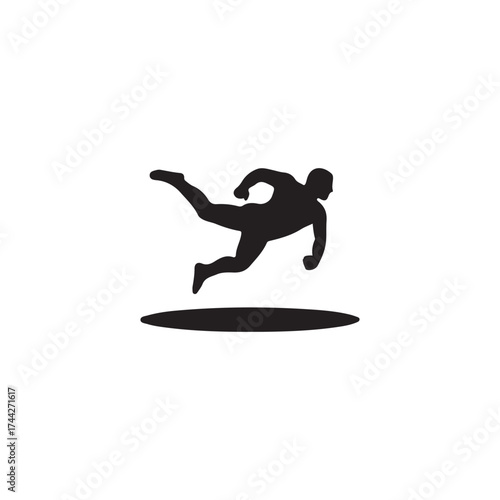 Silhouette of a running man above a dark oval shaped shadow