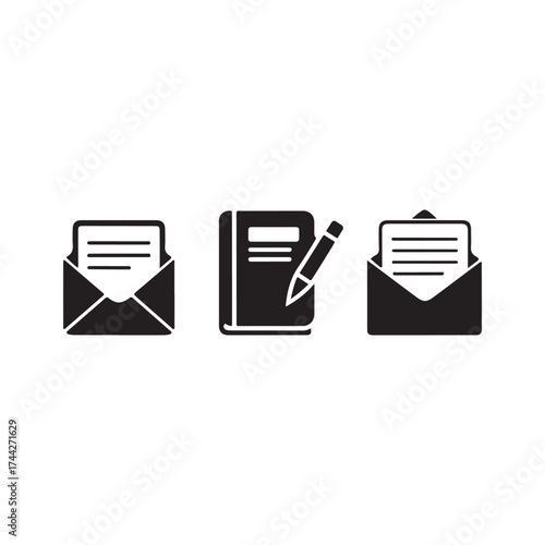 Simple black icons depicting mail a journal and another letter