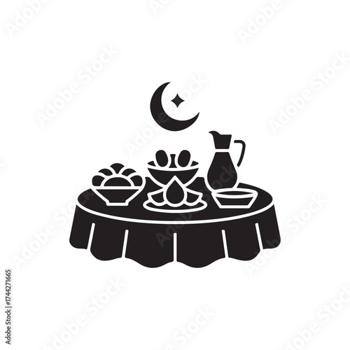 Ramadan iftar meal still life with crescent moon and dining setup