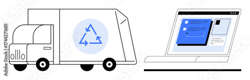 Waste management truck with recycling icon beside a laptop displaying an online interface. Ideal for sustainability, eco-technology, digital solutions, waste management, innovation, logistics