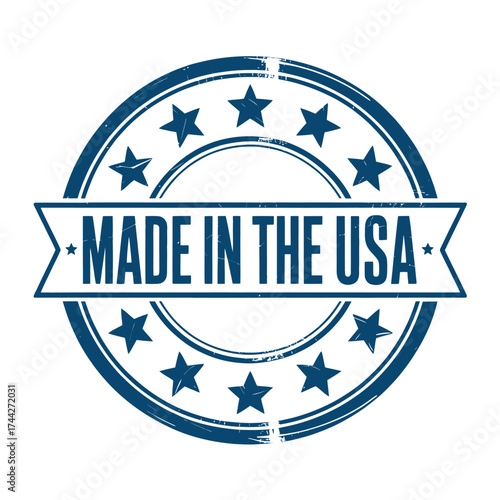 Circular stamp emblem featuring made in the usa text and stars