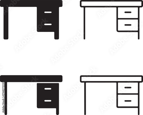Desk icon set, office desk furniture icon, work table symbol, desk icon vector, modern minimal workspace design, desk icon for office business and corporate theme