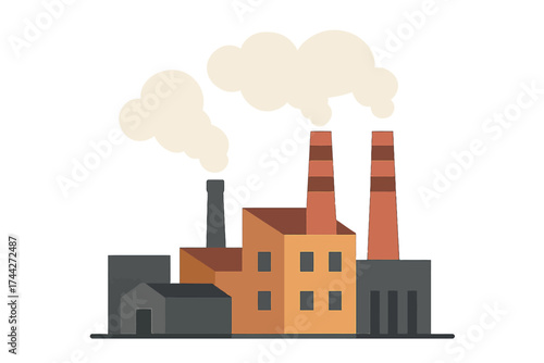 Industrial factory emitting smoke with smokestacks and buildings in flat design