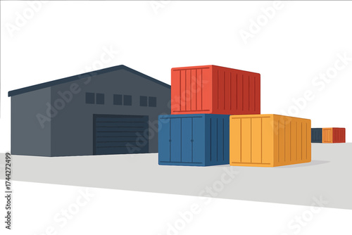 Colorful shipping containers beside warehouse at night