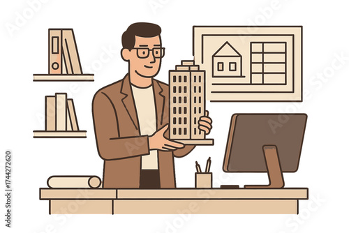 Architect with building model in modern office