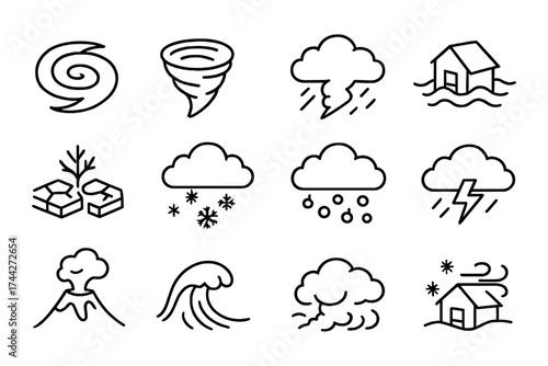 Simple weather and natural disaster icons: storms, floods, tornadoes, and more in black line style