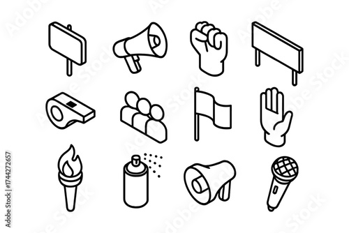 Protest and activism icons set: linear style for awareness and advocacy