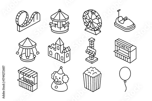 Isometric amusement park icons set featuring rides and carnival elements