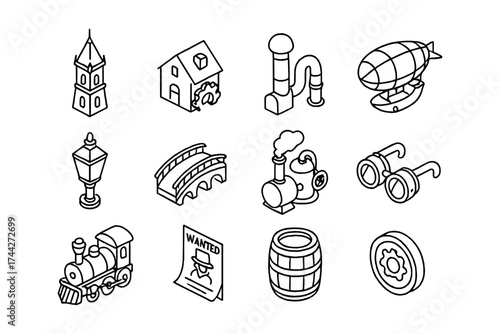 Isometric steampunk objects collection: icons of adventure and invention