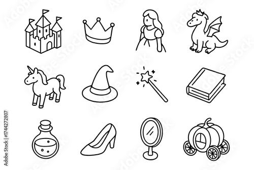 Whimsical fairy tale elements: castles, crowns, and magical creatures in linear style