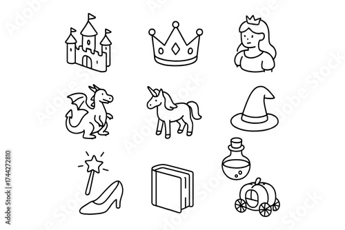 Enchanting fairy tale icons: castle, crown, princess, and magical creatures
