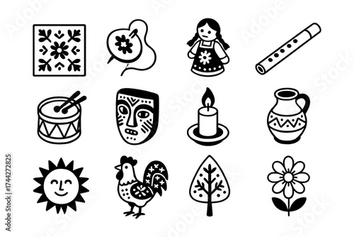 Folk art icons: traditional symbols and patterns in black and white