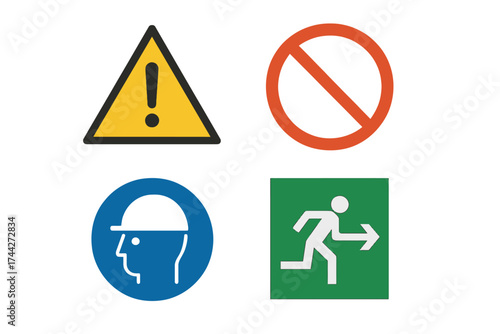 Safety signs: warning, no entry, helmet required, emergency exit icons