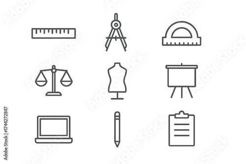 Monochrome linear design tools and office equipment on dark background