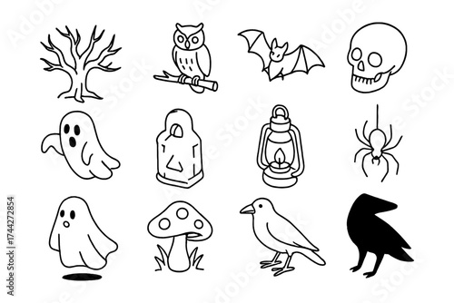 Halloween icons: ghosts, bats, owls, and spooky symbols in a linear style
