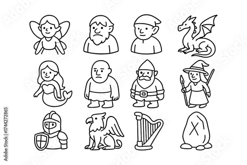 Charming fantasy character collection in outline style featuring fairies, gnomes, and mythical creatures