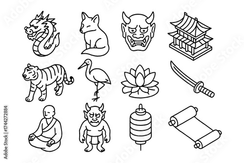 Traditional japanese icons: dragon, mask, pagoda, fox, tiger, sword, lotus, monk in line art style