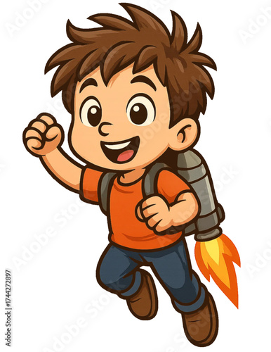 Cartoon boy flying with jetpack