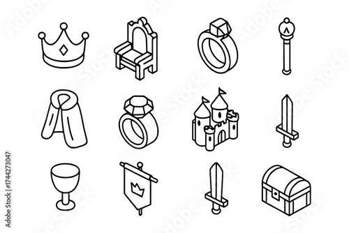 Medieval icons collection featuring royal crown, castle, sword, and throne in isometric design