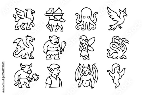 Collection of mythical creatures in black and white line art style