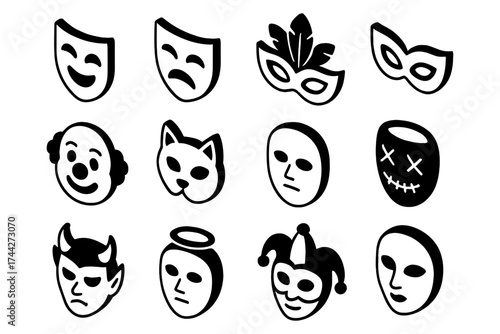 Collection of theater and festival masks in bold black and white silhouette style