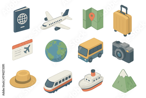 Travel icons set: isometric illustrations of transportation and essential travel items