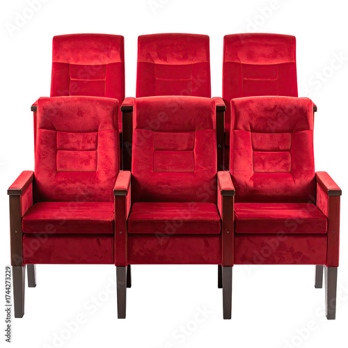 Row of vibrant, plush red theater seats against a black backdrop, seen frontally