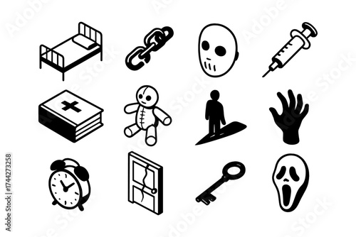 Spooky icon collection: halloween horror elements in black and white