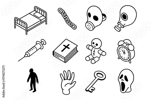 Creepy horror icons collection featuring gas mask, doll, and ghost mask