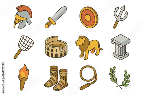 Ancient rome icons set featuring gladiator helmet, coliseum, and laurel wreaths