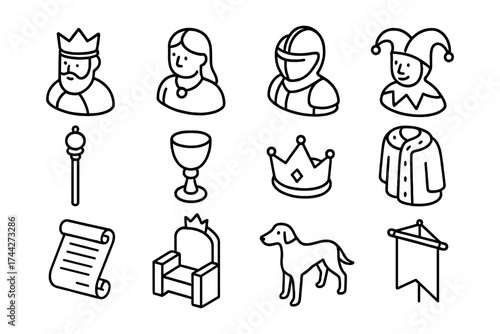 Medieval icons set featuring king, queen, knight, and jester in linear black and white design
