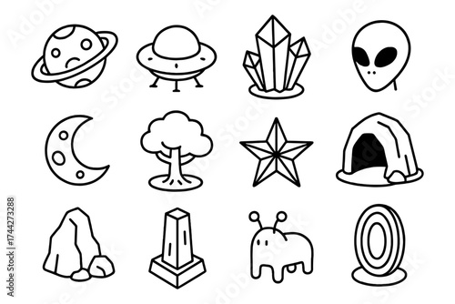 Space and nature outlines: aliens, planets, and celestial symbols