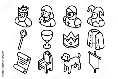 Medieval icons set featuring kings, knights, and royal symbols in isometric style