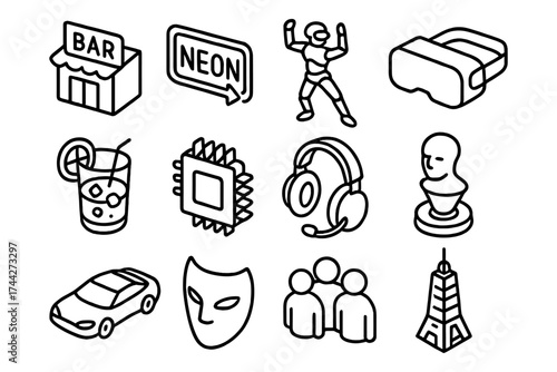 Modern minimalist icons featuring vr, robotics, music, and more in bold line art