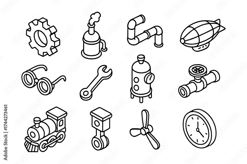Fototapeta premium Steampunk elements set: isometric line art icons featuring gadgets and machinery