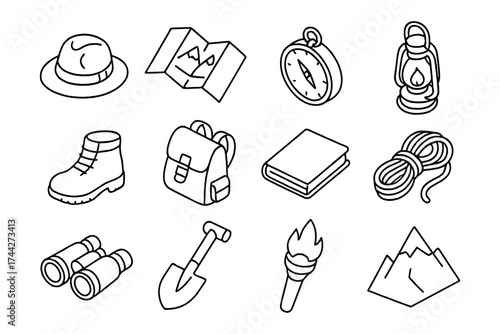Outdoor adventure icon set: linear camping and hiking equipment in black and white