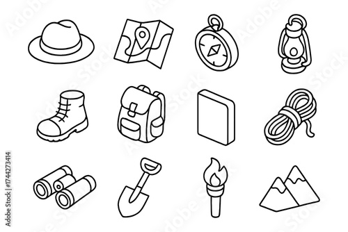 Line art camping icons: hat, map, compass, lantern, boots, backpack, book, rope, binoculars, shovel, torch, mountains
