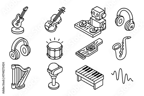 Isometric music icons: instruments and technology outlined in black and white
