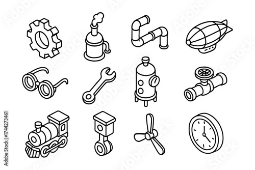 Steampunk elements set: isometric line art icons featuring gadgets and machinery